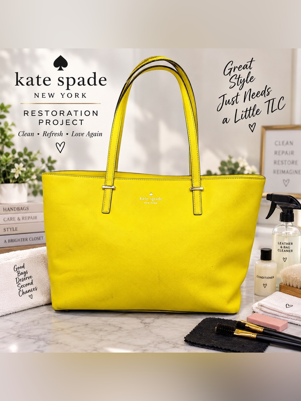 Kate Spade Yellow Large Tote Bag Zip Top Shoulder Purse Project TLC